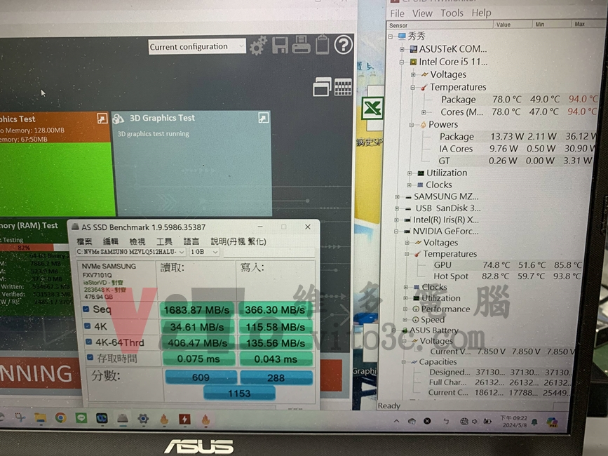 ASUS VivoBook X515 開機沒畫面、無法開機、開機斷電不能開機維修案例 ASUS X515 溫度測試與SSD速度
