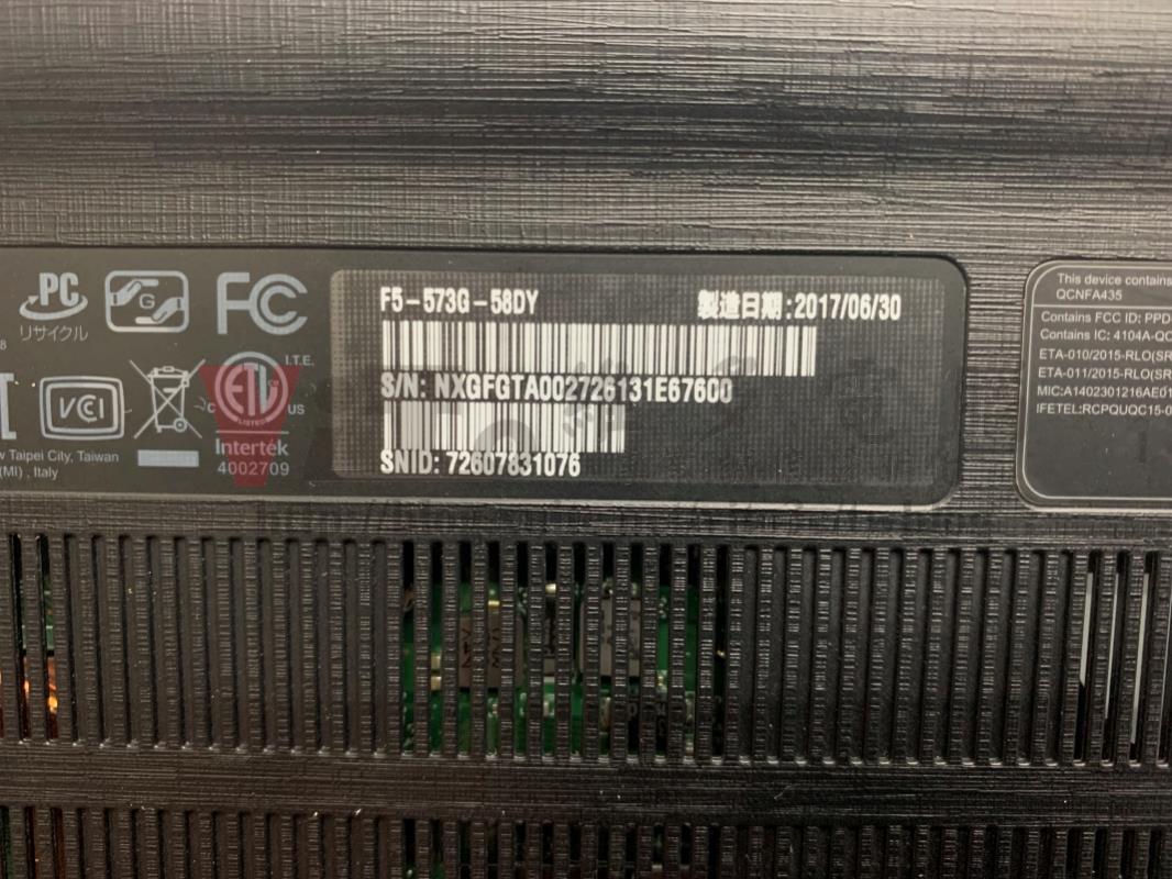 筆電維修:ACER F5-573G 不過電,無法開機,按電源無反應,供電異常維修案例 ACER F5-573G-58DY 型號標籤