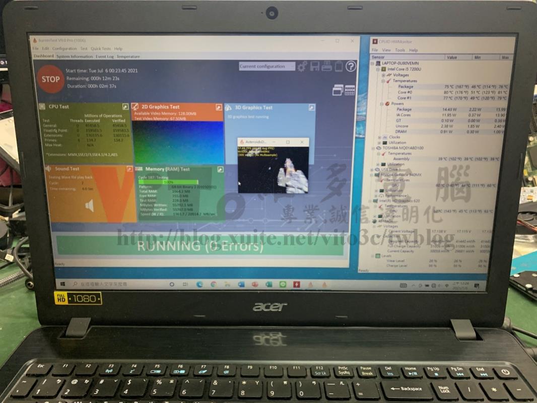 筆電維修:ACER F5-573G 不過電,無法開機,按電源無反應,供電異常維修案例 ACER F5-573G 燒機測試溫度