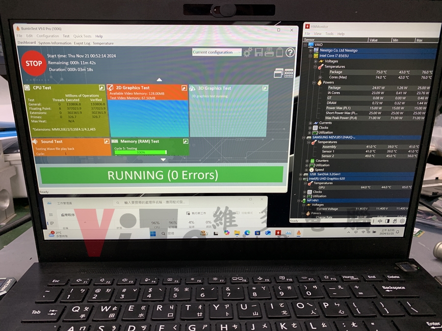 VAIO VJSE41G11W 筆電維修 - 不過電、無法開機故障排除 VAIO VJSE41G11W 以 BURNINTEST 測試最大負載