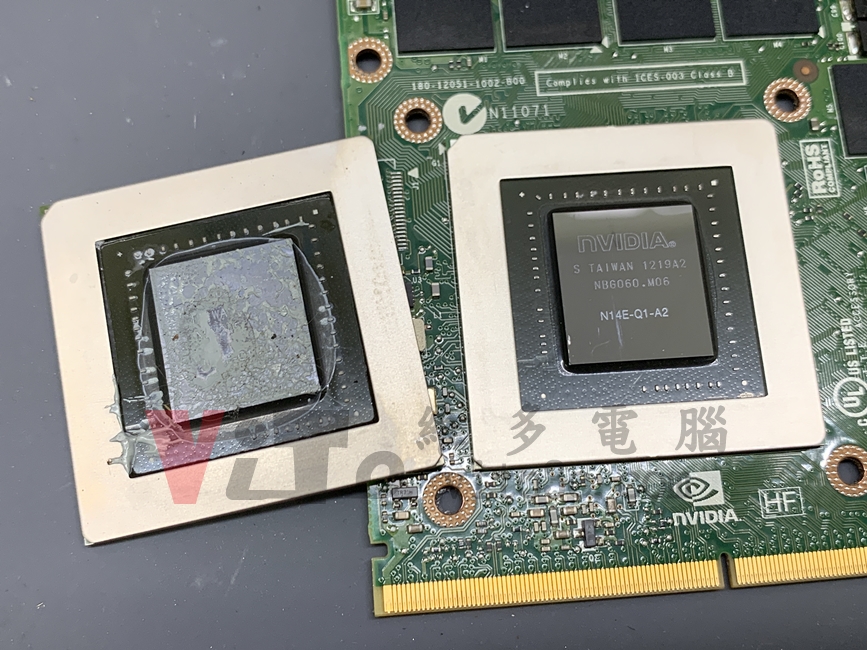 筆電壞了該維修還是買新的?10 年 CPU 效能對比,給你最佳選擇 筆電 Nvidia K3000M (N14E-Q1-A2)繪圖卡晶片,BGA 焊接更換的新舊晶片顏色對比。