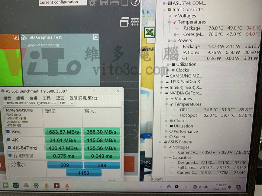 筆電壞了該維修還是買新的?10 年 CPU 效能對比,給你最佳選擇 ASUS X515EP 筆電 SSD 讀寫速度測試,AS SSD Benchmark 測試結果顯示讀取 1683.87 MB/s、寫入 336.30 MB/s。