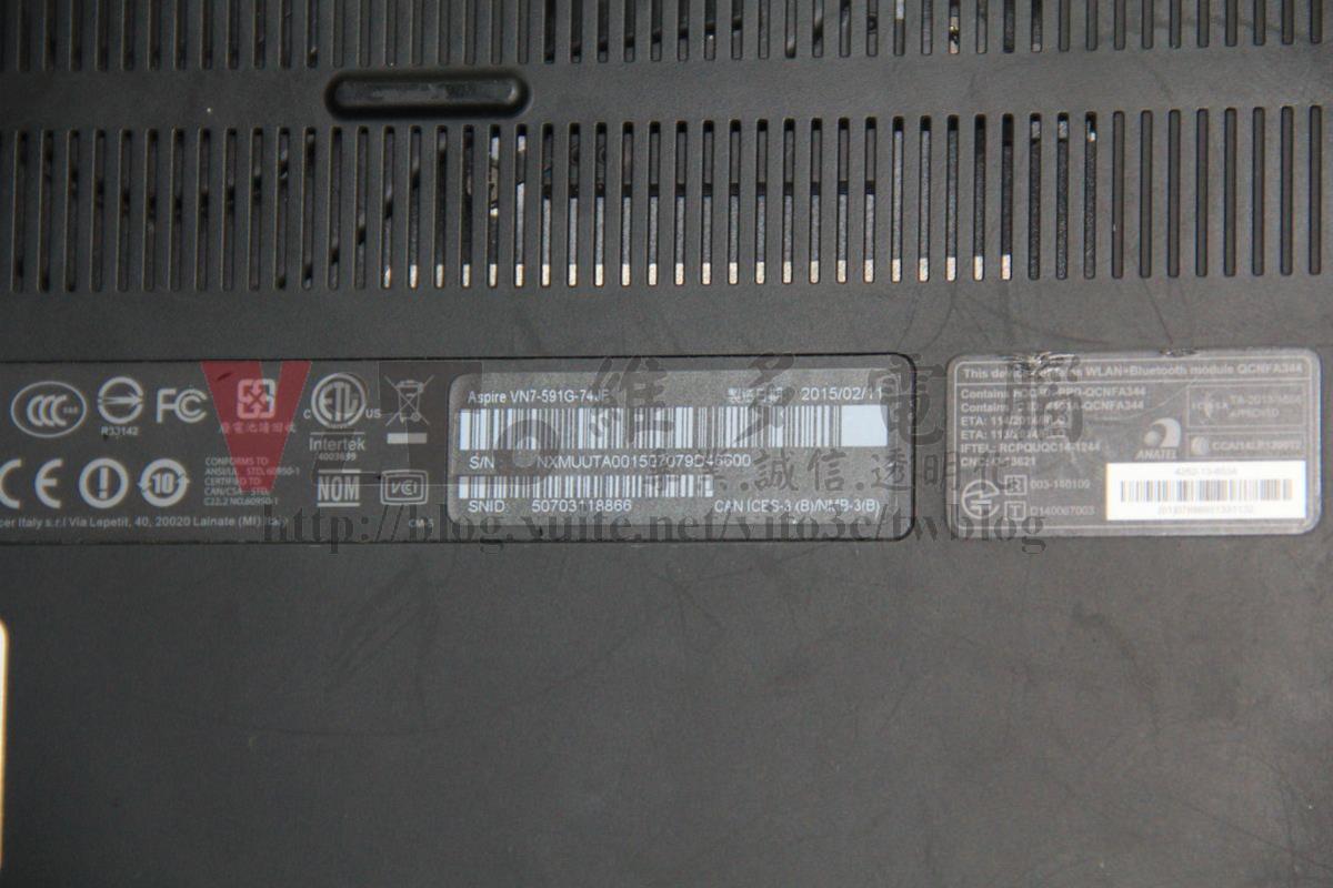 ACER VN7-591G 不過電、無法開機?主機板維修實例|台中、彰化筆電維修 ACER VN7-591G 底部型號標籤