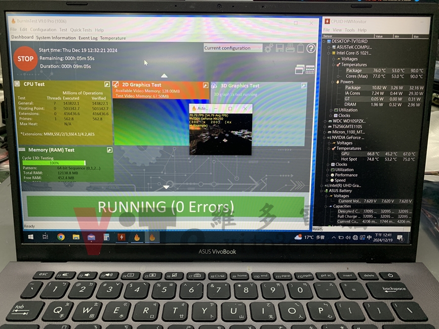 ASUS X412F 不過電、無法開機?主機板與電池維修實例|台中、彰化筆電維修 ASUS X412F 使用燒機的 Burn-in Test 軟體和 HWMonitor 溫度監控測試穩定性
