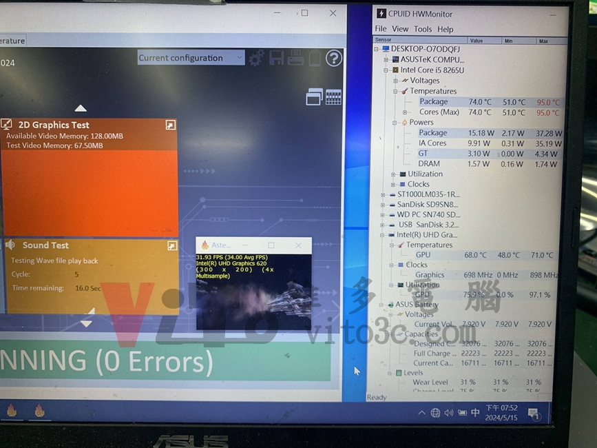 ASUS X409F 不過電、無法開機?主機板維修實例|台中、彰化筆電維修 ASUS X409F 在 HWMonitor 溫度監控測出CPU為74度、最高95度,GPU為68.0度