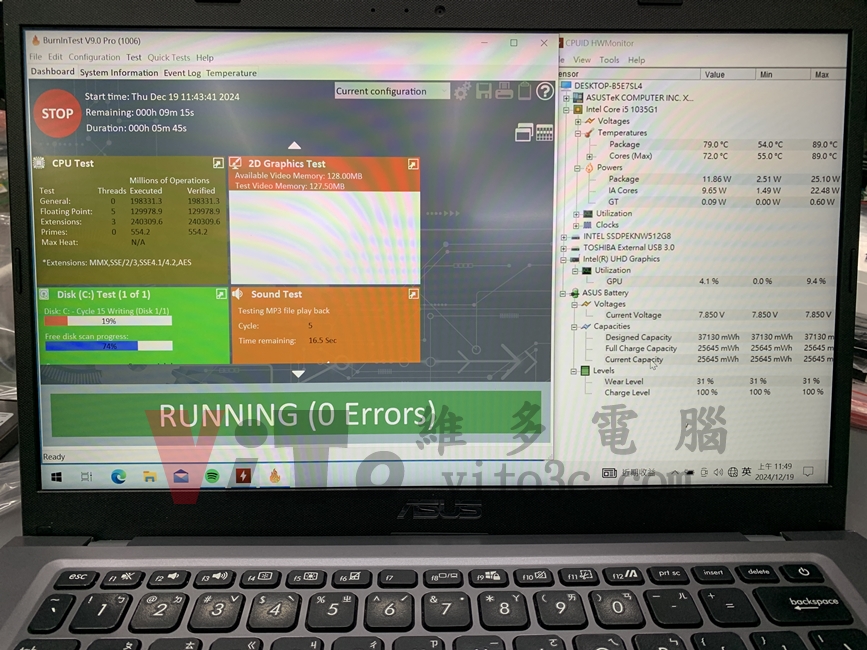 ASUS X415J 使用燒機的 Burn-in Test 軟體和 HWMonitor 溫度監控測試穩定性