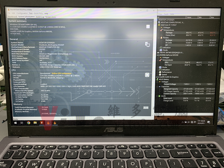 ASUS X515E 開機幾秒就斷電關機?被別家退件後,完美修復實例|台中、彰化筆電維修 ASUS X515E 使用燒機的 Burn-in Test 軟體和 HWMonitor 溫度監控測試穩定性