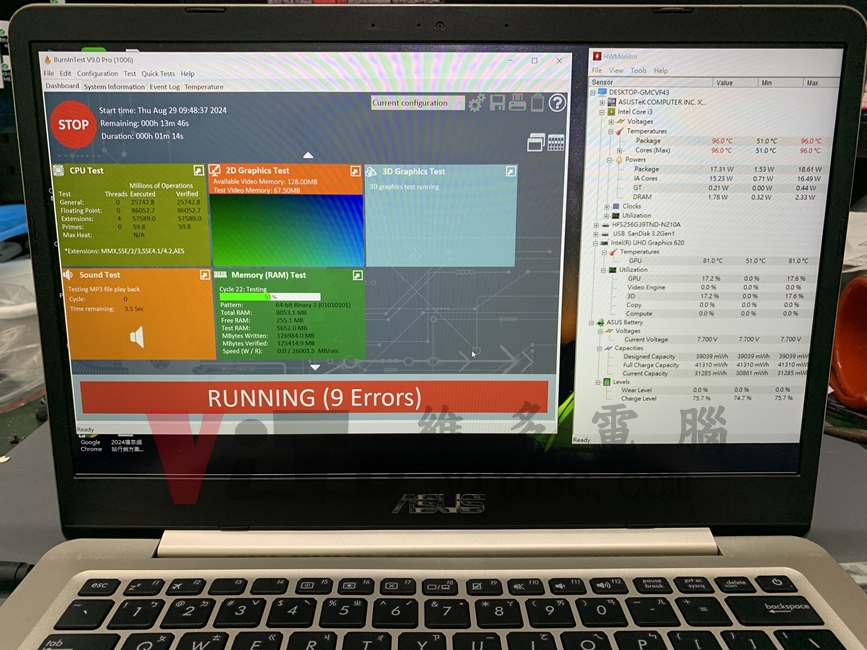 ASUS S406U 不過電、無法開機?主機板維修實例|台中、彰化筆電維修 ASUS S406U 使用燒機的 Burn-in Test 軟體和 HWMonitor 溫度監控測試穩定性