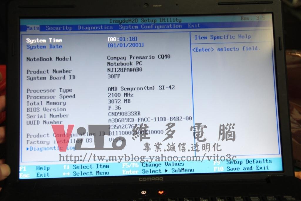 康柏 COMPAQ CQ40-304AX 開機白燈同時閃爍、偵測不到記憶體維修實例|台中、彰化筆電專業維修 Compaq CQ40-304AX 更換 CPU 後開機在 BIOS 下可以看到 AMD Sempron SI-42