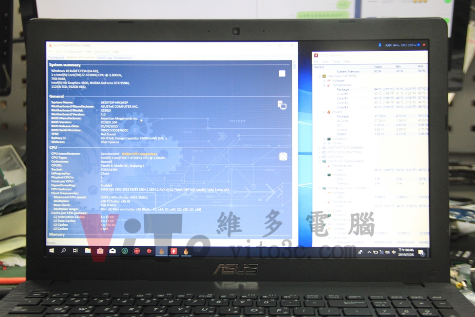 ASUS X550J 突然黑屏關機且有燒焦味,主機板供電燒毀維修實例|台中、彰化筆電維修 ASUS X550J 修復後執行穩定性測試,以燒機Burn-in Test和HWMonitor溫度監控工具