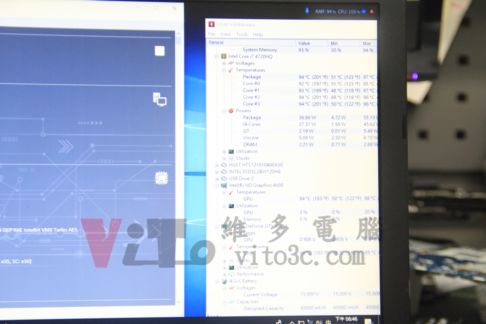 ASUS X550J 突然黑屏關機且有燒焦味,主機板供電燒毀維修實例|台中、彰化筆電維修 ASUS X550J HWMonitor溫度監控 CPU約94度、GPU約84度