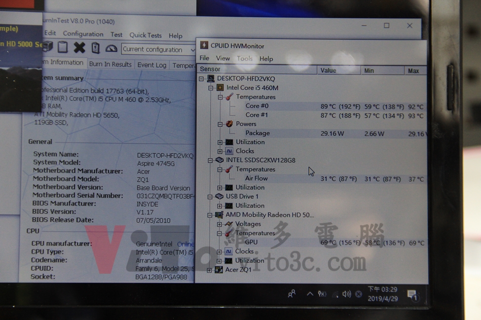 ACER 4820TG 開機沒畫面、黑屏,突然關機維修實例|台中、彰化筆電維修 ACER 4820TG HWMonitor溫度監控 CPU約89度、GPU約69度