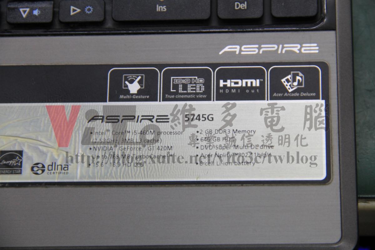 ACER 5745G 正面型號與規格標籤
