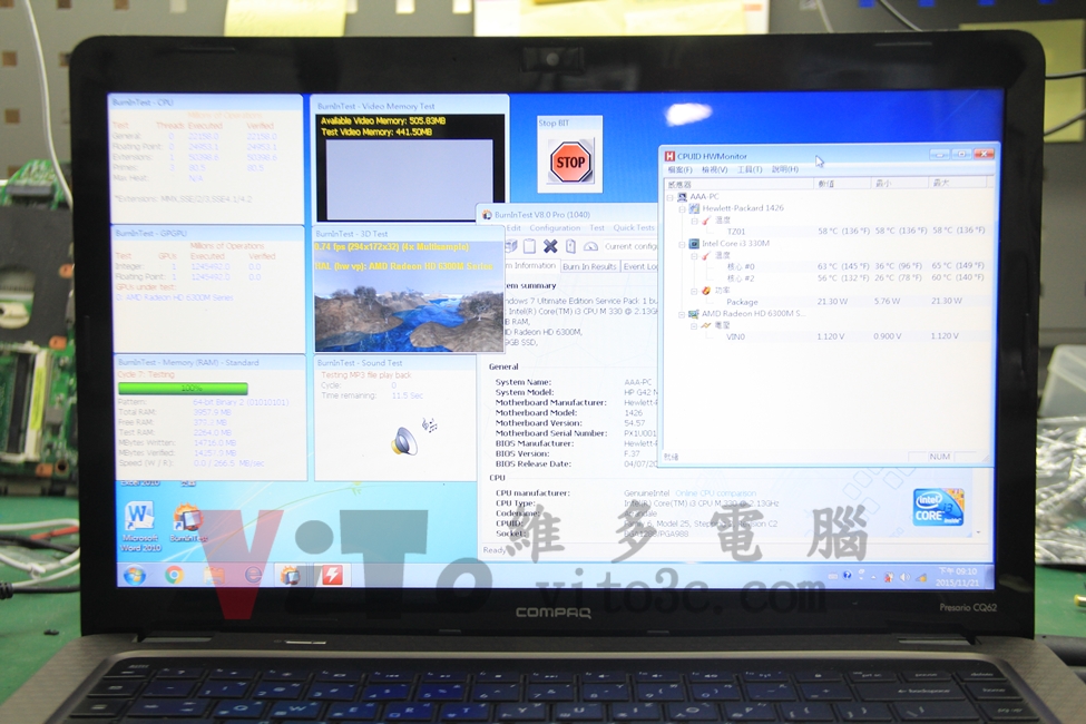 ACER 4750G 突然斷電關機、開機黑屏、主機板故障維修實例|台中、彰化筆電專業維修 ACER 4750G 修復後執行穩定性測試,以燒機Burn-in Test 執行高負載測試
