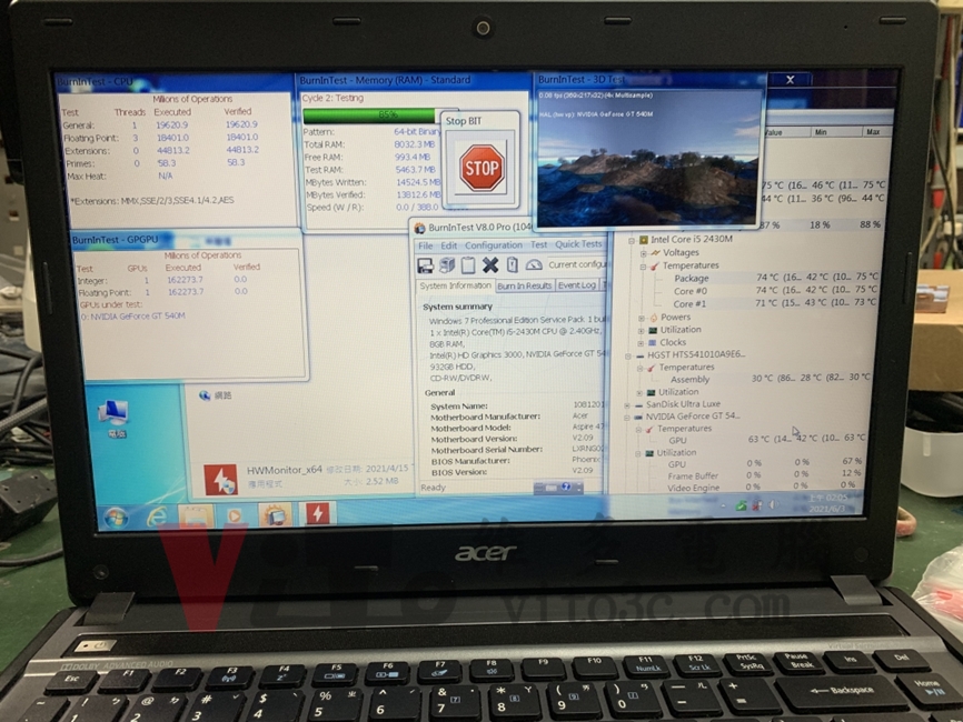 ACER 4755G 無法開機、突然斷電重啟、開機沒畫面維修實例|台中、彰化筆電維修 ACER 4755G 修復後執行穩定性測試,以燒機Burn-in Test 執行高負載測試
