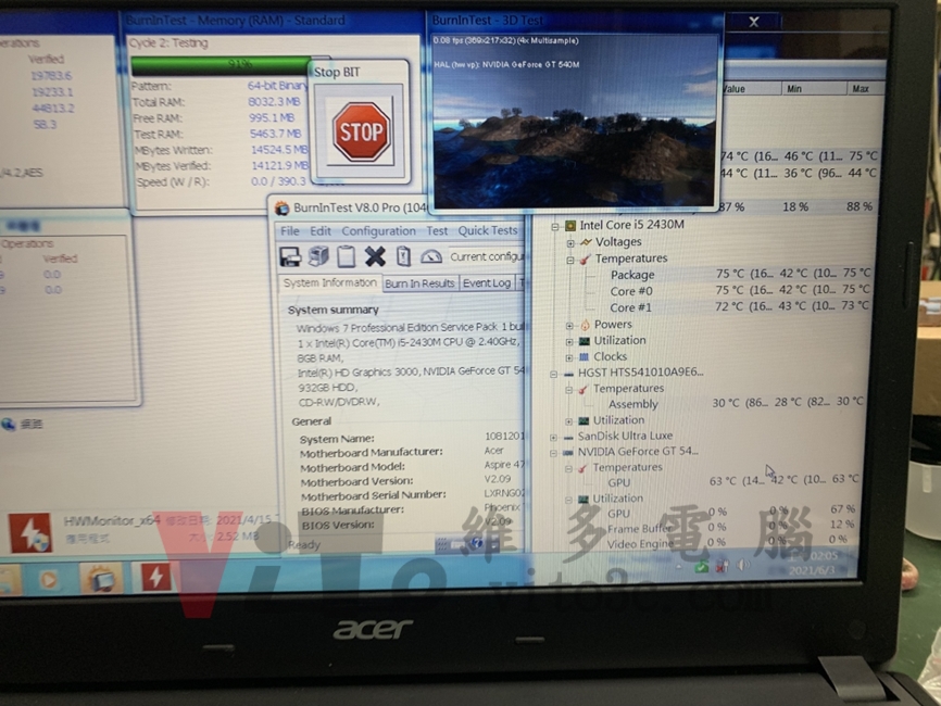 ACER 4755G 無法開機、突然斷電重啟、開機沒畫面維修實例|台中、彰化筆電維修 ACER 4755G HWMonitor溫度監控 CPU約75度、GPU約63度