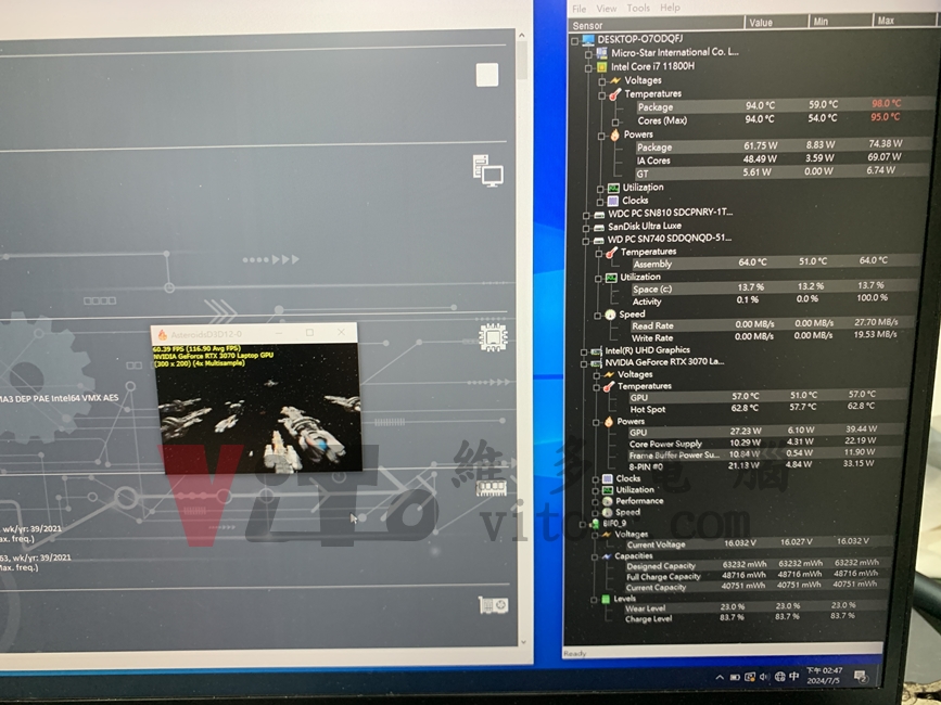 MSI GP76 無法開機、不過電、不能充電維修實例|台中、彰化筆電維修 MSI GP76 HWMonitor溫度監控 CPU約94度、GPU約59度