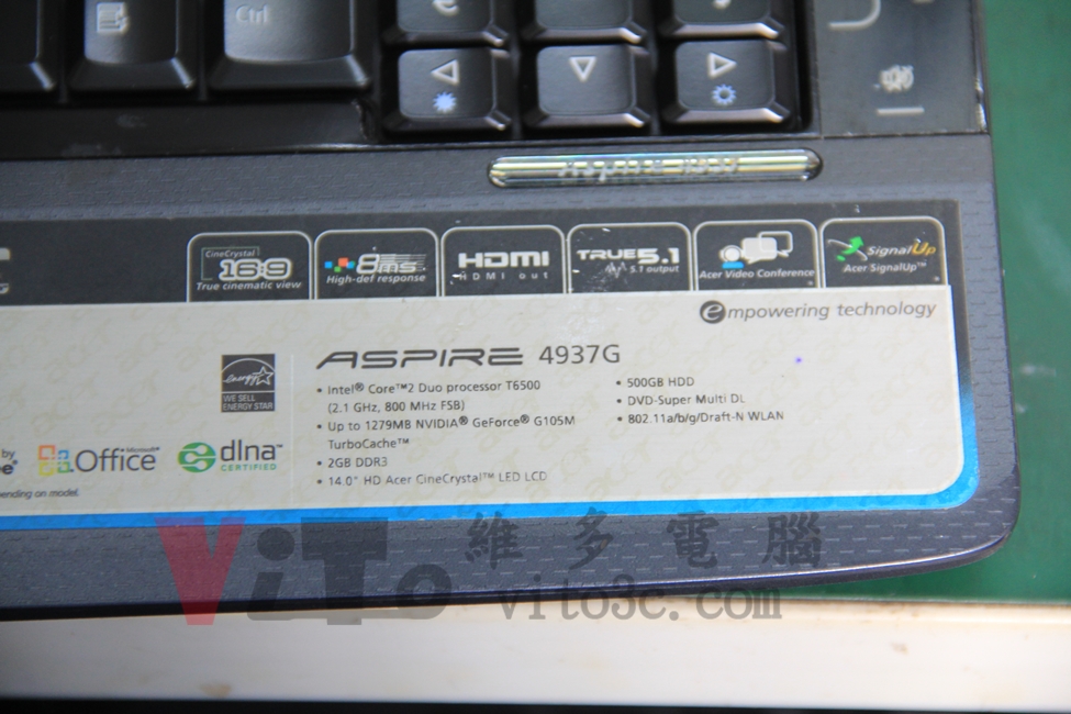 ACER ASPIRE 4937G 鍵盤右下方型號與規格標籤