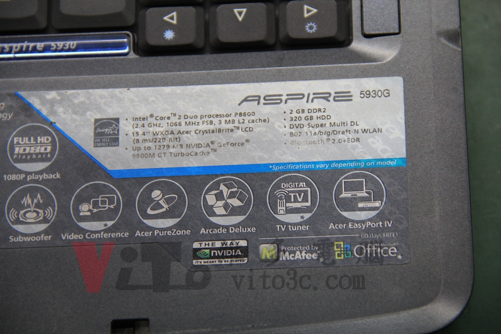 ACER 5930G 突然斷電重啟、不定時關機、開機黑屏維修實例|台中、彰化筆電維修 ACER ASPIRE 5930G 鍵盤右下方型號與規格標籤