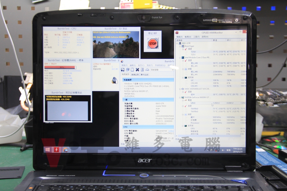 ACER 5930G 突然斷電重啟、不定時關機、開機黑屏維修實例|台中、彰化筆電維修 ACER 5930G 修復後執行穩定性測試,以燒機Burn-in Test 執行高負載測試