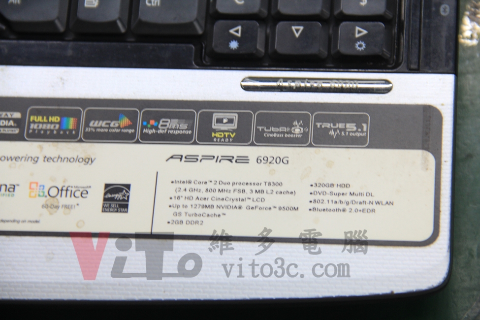 ACER ASPIRE 6920G 鍵盤右下方型號與規格標籤