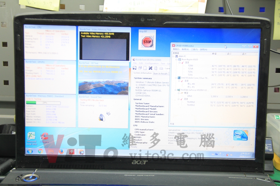 ACER 6920G 修復後執行穩定性測試，以燒機Burn-in Test 執行高負載測試