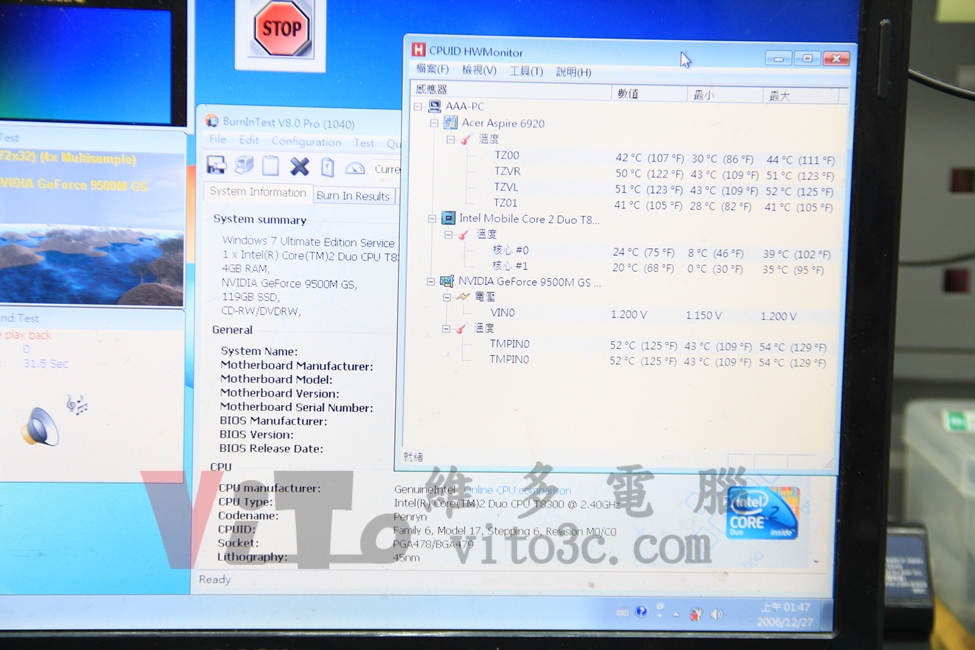 ACER 6920G HWMonitor 溫度監控 CPU約50度、GPU約52度