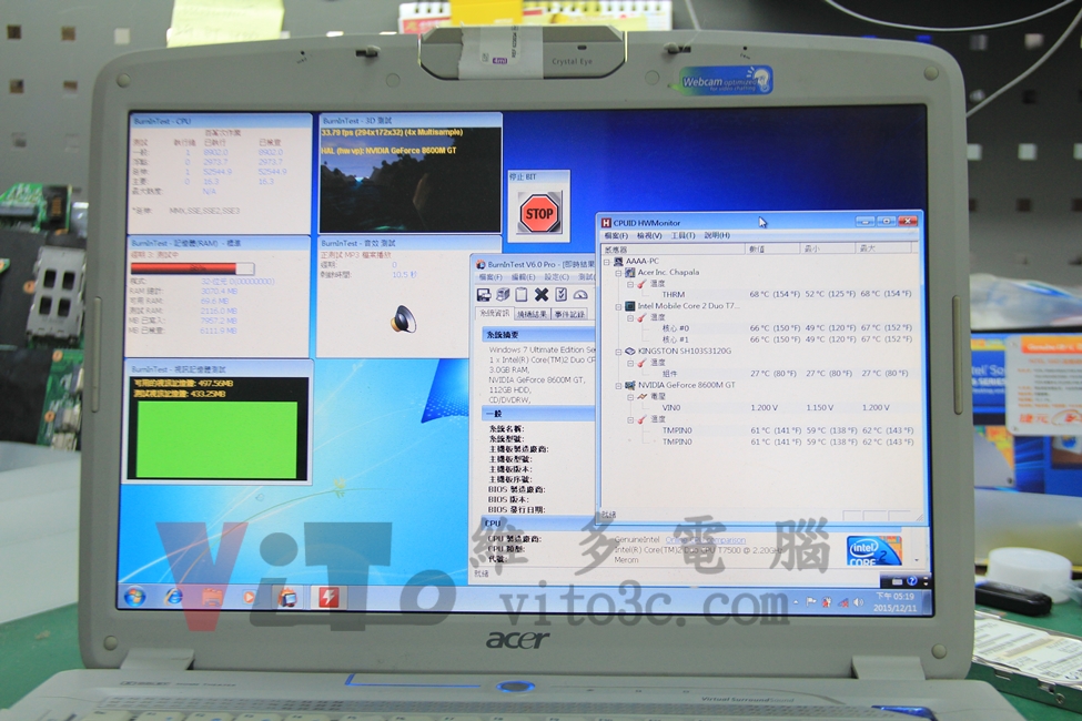 ACER 5920G 修復後執行穩定性測試，以燒機Burn-in Test 執行高負載測試