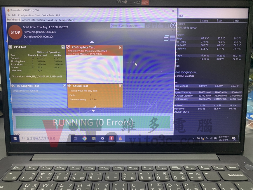 Lenovo ideapad 3 Slim 3 無法進入作業系統、開機黑屏、主機板維修實例|台中、彰化筆電維修 Lenovo IdeaPad 3 修復後執行穩定性測試,以燒機Burn-in Test和HWMonitor溫度監控工具